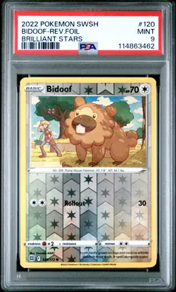 2022 POKEMON SWORD & SHIELD BRILLIANT STARS #120 BIDOOF-REVERSE FOIL PSA 9 - Image 1