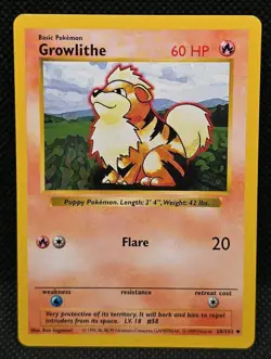 Growlithe Shadowless 28/102 WOTC Base Set 1999 Pokemon Card LP - Image 1
