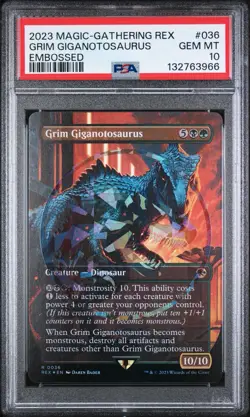PSA 10 - Grim Giganotosaurus EMBOSSED FOIL #036 (REX) Jurassic World RARE SSP - Image 1