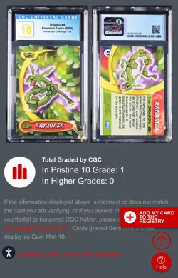 2004 Topps Pokemon Advanced Challenge # 54 RAYQUAZA CGC 10 PRISTINE - POP 1 !!! - Image 2