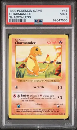 1999 POKEMON BASE SET SHADOWLESS #46 CHARMANDER PSA 9 - Image 1