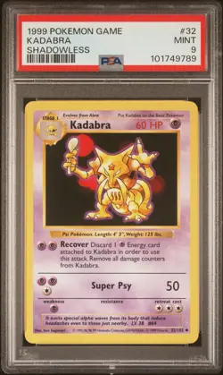 1999 POKEMON BASE SET SHADOWLESS #32 KADABRA PSA 9 - Image 1