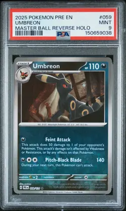 2025 POKEMON PRE EN-PRISMATIC EVOLUTIONS MASTER BALL REVERSE HOLO UMBREON PSA 9 - Image 1