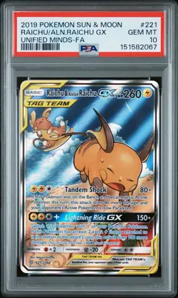 2019 POKEMON SUN & MOON UNIFIED MINDS FULL ART/RAICHU & ALOLAN RAICHU GX PSA 10 - Image 1