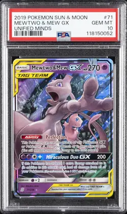 2019 POKEMON SUN & MOON UNIFIED MINDS #71 MEWTWO & MEW GX PSA 10 - Image 1