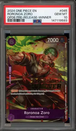 One Piece CCG Roronoa Zoro Pre-Release Winner P-045 PSA 10 Gem Mint - Image 1