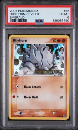 2005 POKEMON EX EMERALD #62 RHYHORN-REVERSE FOIL PSA 6 - Image 1