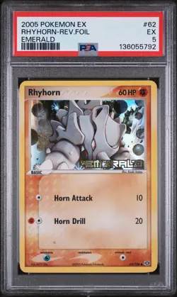 2005 POKEMON EX EMERALD #62 RHYHORN-REVERSE FOIL PSA 5 - Image 1