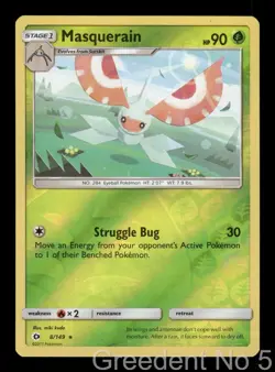 Masquerain 8/149 Rare SM Base Set Pokemon Reverse Holo Lightly Played - Image 1