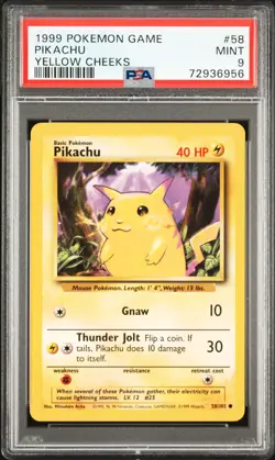 1999 POKEMON BASE SET UNLIMITED YELLOW CHEEKS #58 PIKACHU PSA 9 - Image 1
