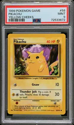 1999 POKEMON BASE SET UNLIMITED YELLOW CHEEKS #58 PIKACHU PSA 9 - Image 1