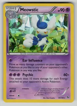 Meowstic 43/106 Rare Flashfire Pokemon Reverse Holo NM (cracked ice) holo bleed - Image 1