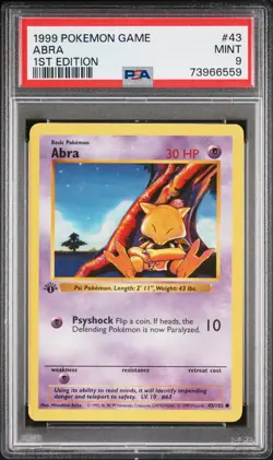 1999 POKEMON BASE SET 1ST EDITION #43 ABRA PSA 9 - Image 1