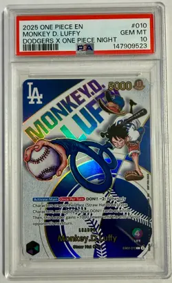 2025 ONE PIECE PROMOS DODGERS X ONE PIECE NIGHT #010 MONKEY D. LUFFY PSA 10 - Image 1
