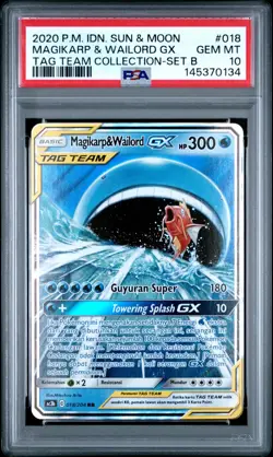 LOW POP! Magikarp & Wailord GX PSA 10 Tag Team 018 Pokemon Card Indonesian - Image 1