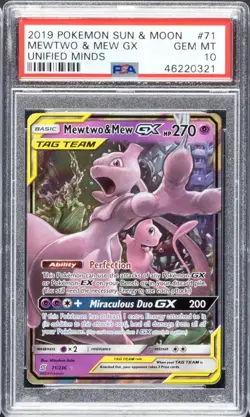PSA 10 Mewtwo & Mew GX #71 2019 Pokemon Sun & Moon Unified Minds - Image 1
