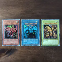 Yu-Gi-Oh Egyptian God Card Set Ultra Rare Slifer GBI-001 Obelisk 002 Ra 003 - Image 1