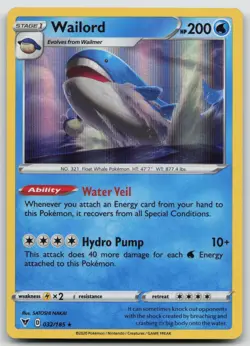 Pokemon Card Wailord Holo Rare SWSH04: Vivid Voltage 032/185 - Image 1