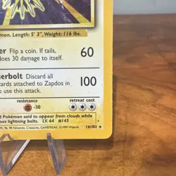 Pokemon Card Zapdos Holo Base Set 16/102 WOTC 1999 Vintage MP - Image 4