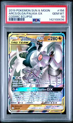 2019 POKEMON SUN & MOON COSMIC ECLIPSE #156 ARCEUS & DIALGA & PALKIA GX PSA 10 - Image 1