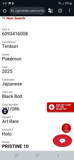CGC 10 PRISTINE Timburr 131/086 Black Bolt holo art rare japanese Pokemon card - Image 3