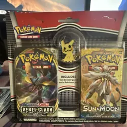 Pokemon TCG Sword & Shield Rebel Clash & Sun & Moon Packs with Mimikyu Pin - Image 1