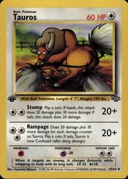 Tauros Uncommon Jungle 47/64 Colorless 1st Edition Pokemon Card - Image 1