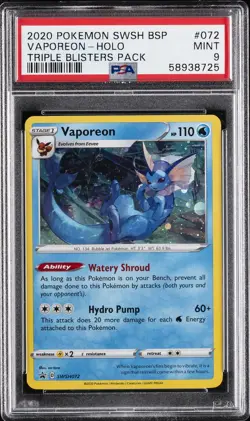 2020 POKEMON SWSH BLACK STAR PROMO TRIPLE BLISTERS PACK #072 VAPOREON-HOLO PSA 9 - Image 1