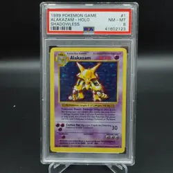 PSA 8 NM-MINT POKEMON CARD WOTC 1999 ALAKAZAM BASE SET SHADOWLESS CARD 1/102 - Image 1