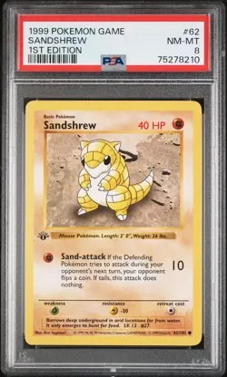 1999 POKEMON BASE SET 1ST EDITION #62 SANDSHREW PSA 8 - Image 1