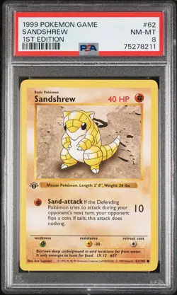 1999 POKEMON BASE SET 1ST EDITION #62 SANDSHREW PSA 8 - Image 1