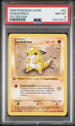 1999 POKEMON BASE SET 1ST EDITION #62 SANDSHREW PSA 8 - Image 1
