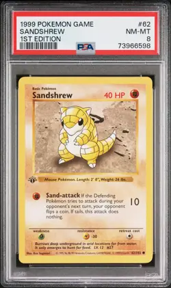1999 POKEMON BASE SET 1ST EDITION #62 SANDSHREW PSA 8 - Image 1