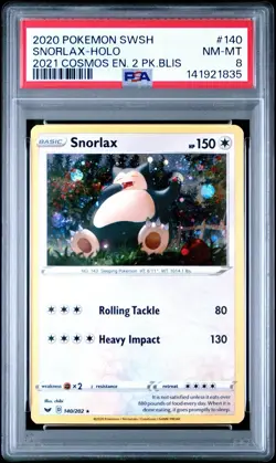 2020 Pokemon SWSH 140 Snorlax Cosmos 2-Pack Blister PSA 8, Swirl On Hand - Image 1