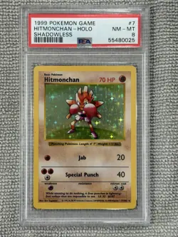 Shadowless 1999 Pokemon Hitmonchan HOLO 7/102 PSA 8 - Image 1