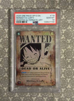 2025 One Piece OP13 EN #118 Monkey.D.Luffy Wanted Poster ALT ART PSA 10 - Image 1