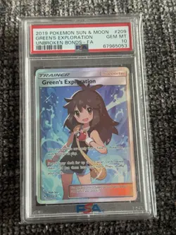 PSA 10 Green's Exploration 209/214 Unbroken Bonds 2019 Full Art Pokemon Trainer - Image 1