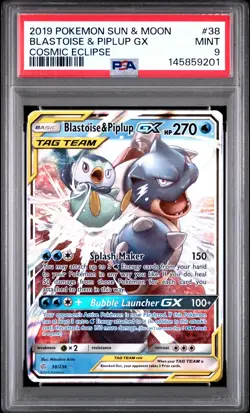 2019 Pokemon Sun & Moon Cosmic Eclipse 38 Blastoise Piplup GX PSA 9 145859201 - Image 1