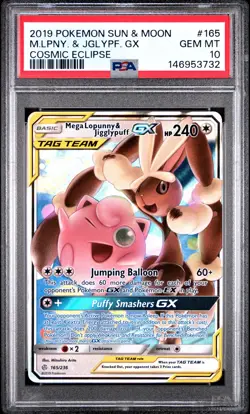 2019 POKEMON SUN & MOON COSMIC ECLIPSE #165 MEGA LOPUNNY & JIGGLYPUFF GX PSA 10 - Image 1