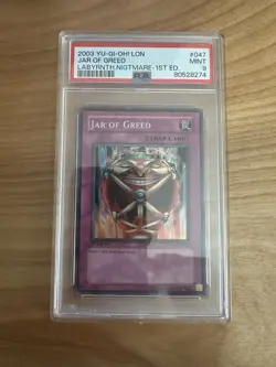 YuGiOh Jar of Greed 1st Edition LON-047 Graded PSA 9 MINT Super Rare 2003 Holo - Image 1