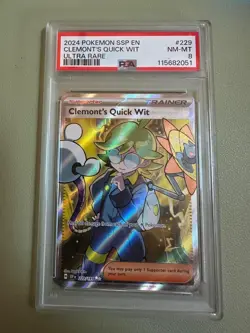 2024 Pokemon Surging Sparks Clemont’s Quick Wit #229 PSA 8 – Ultra Rare - Image 1