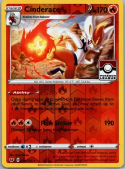 Cinderace 034/202 Reverse Holo Pokemon League Stamped Promo - Image 1