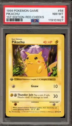 Pokemon Pikachu Base Set Shadowless 1st Edition Red Cheeks #58 PSA 8 - Image 1