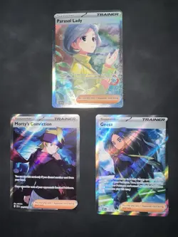 Parasol Lady, Morty's Conviction & Geeta Pokemon Full Art Trainer HOLO Lot - Image 1