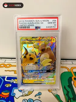 PSA 10 🟡 2019 Pokemon Raichu & Alolan Raichu GX 54 Unified Minds Gem Mint - Image 1