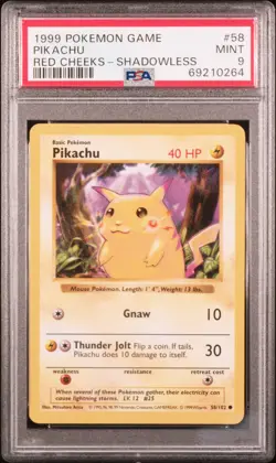 1999 POKEMON BASE SET SHADOWLESS RED CHEEKS #58 PIKACHU PSA 9 - Image 1