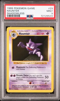 1999 POKEMON BASE SET SHADOWLESS #29 HAUNTER PSA 9 - Image 1