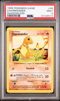 1999 POKEMON BASE SET SHADOWLESS #46 CHARMANDER PSA 9 - Image 1