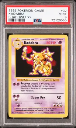 1999 POKEMON BASE SET SHADOWLESS #32 KADABRA PSA 9 - Image 1