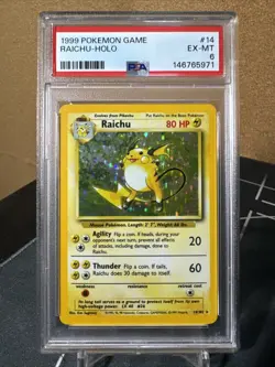 Pokemon TCG Base Set Raichu Holo Card 14/102 Unlimited Holo Rare PSA 6 NM CLEAN - Image 1
